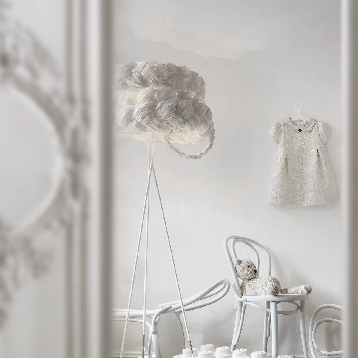 Mammalampa Bride Floor Lamp in White in a nursery with a white chair and dress