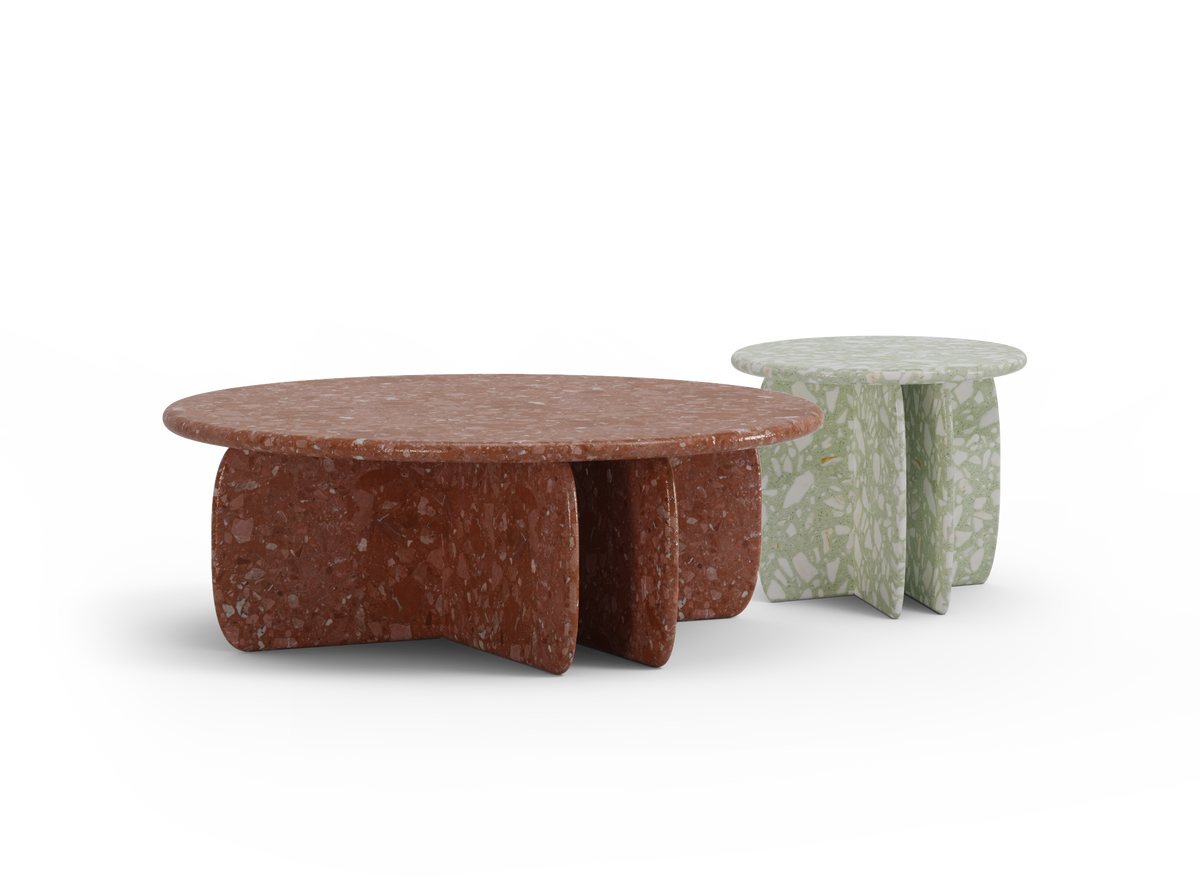 Catus Marble Coffee Table in Terrazzo Red paired with a Terrazzo Green side table