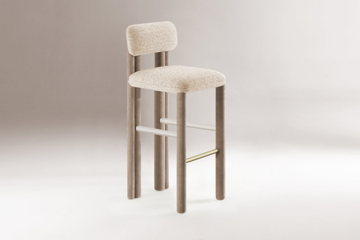 Camelia Counter Stool in beige boucle with taupe frame and brass footrest