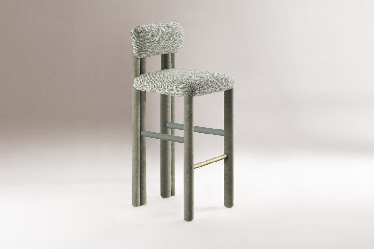 Camelia Bar Stool in sage bouclé on a soft grey backdrop