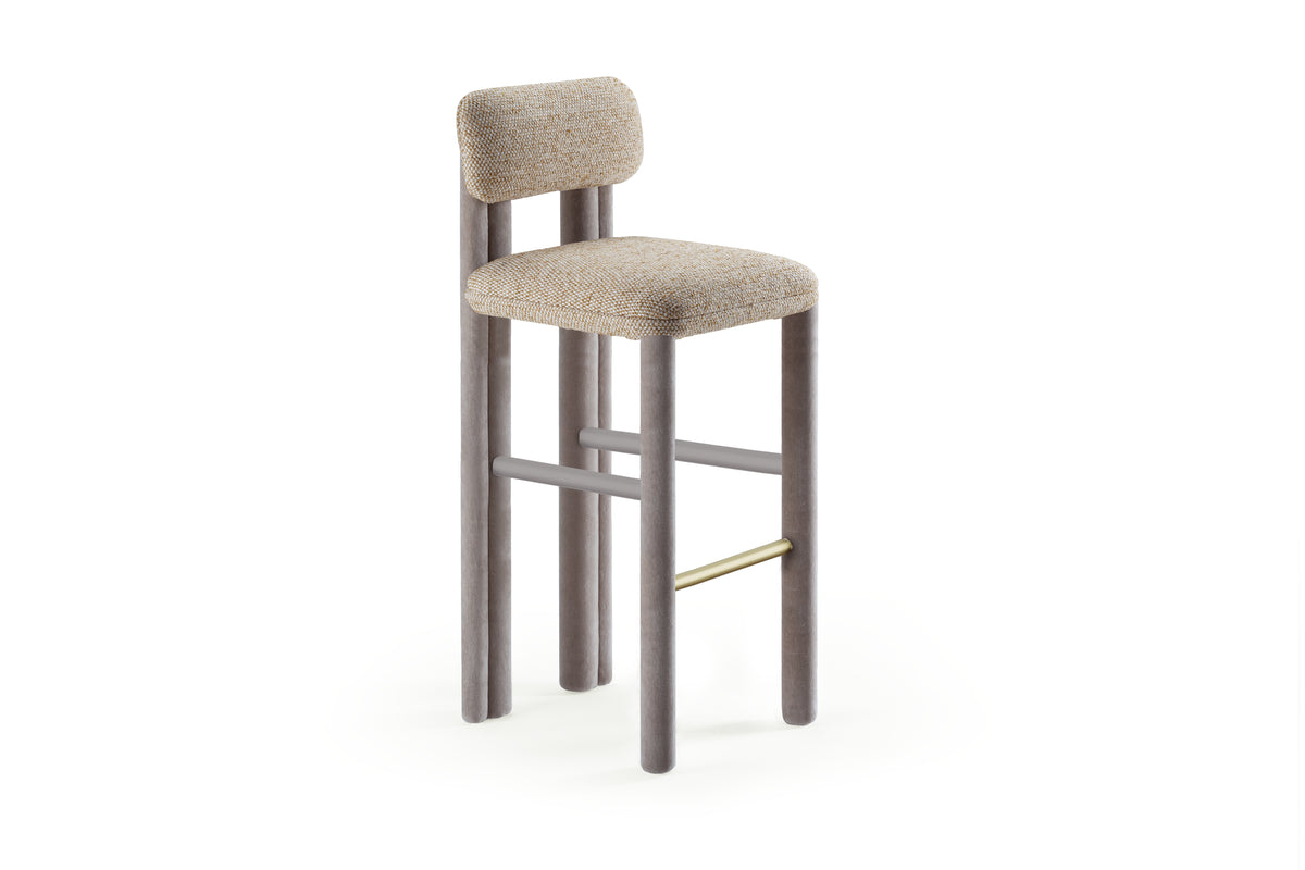 Camelia Counter Stool in oatmeal boucle with grey wood frame on white