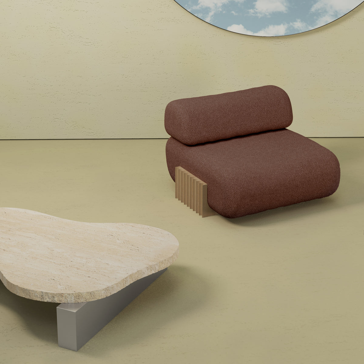 Carmel Chair in brown with a travertine table on a sage backdrop