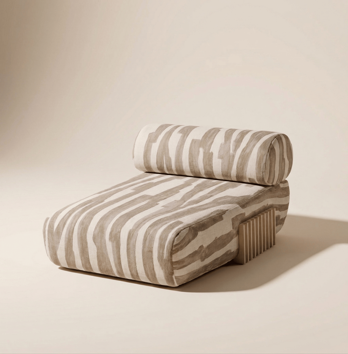 Carmel Chaise Lounge in taupe and cream striped fabric, front three-quarter view