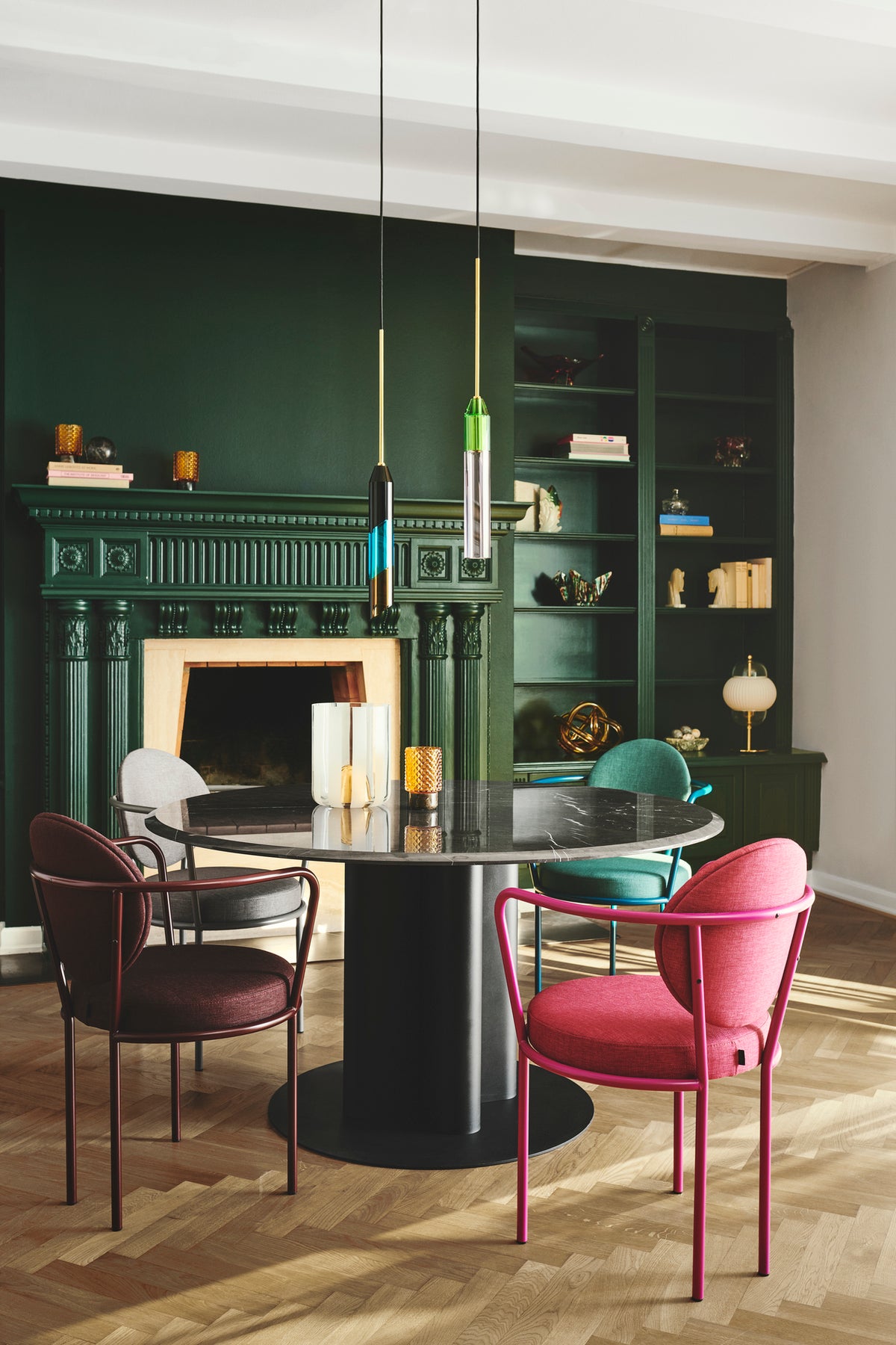 Casablanca Chairs in plum and pink around a dining table by Maison Burgos