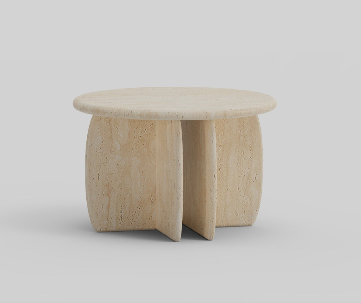 Catus Side Table - Outdoor in Travertine, close front view of the split legs