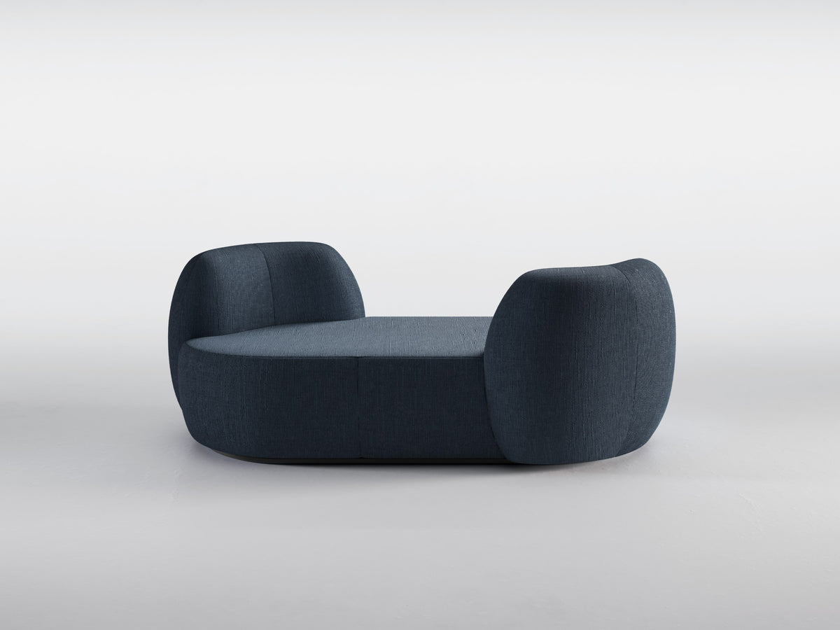 Chapter Two Sofa in navy bouclé, side angle showing high rounded arm