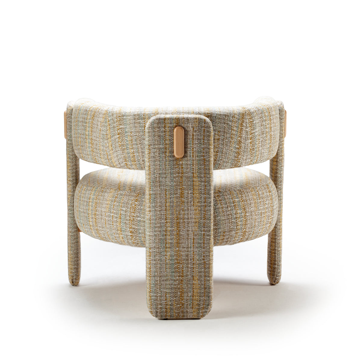 Choux Armchair in multicolour weave, side view with wraparound arm