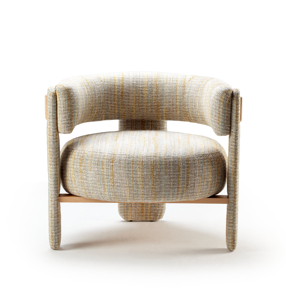 Choux Armchair in multicolour textured weave, front view showing round seat