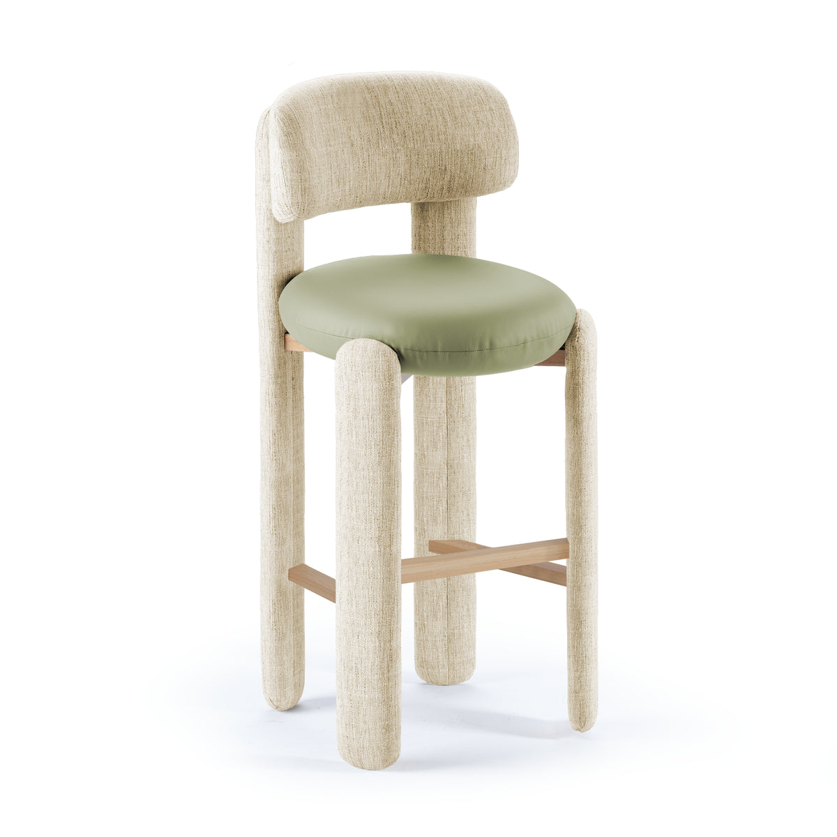 Choux Counter Stool in ivory textured weave with sage seat, three-quarter view