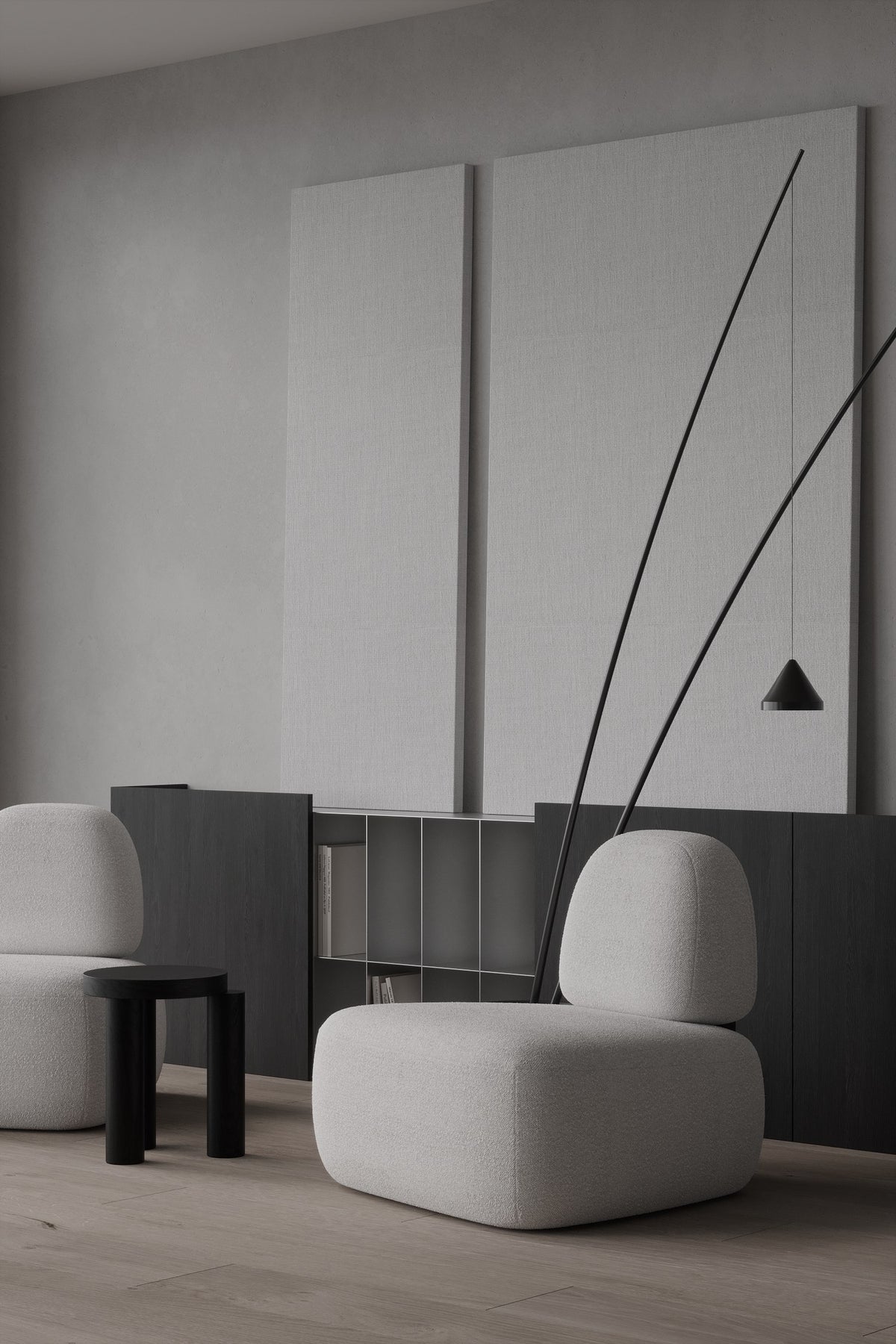 Clip Lounge Chair in grey bouclé in a dark living room with an arc floor lamp