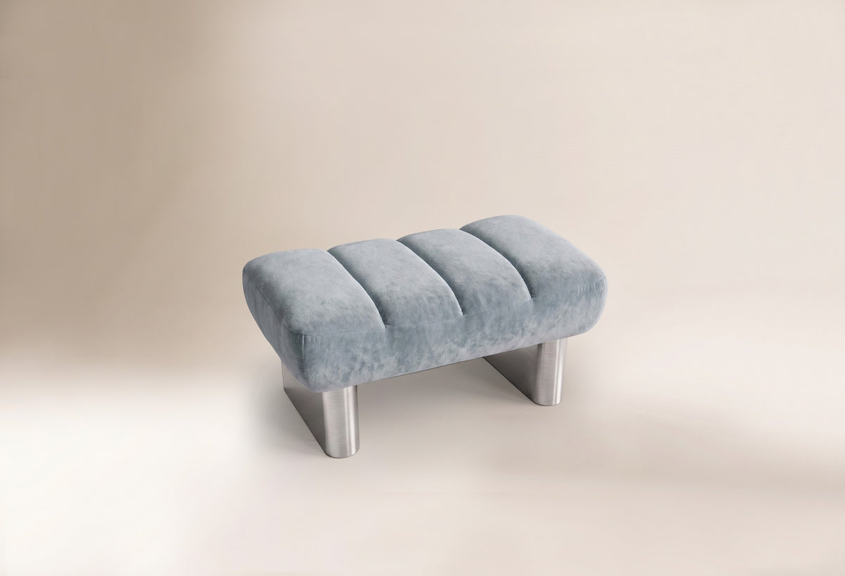 Colin Footstool in light blue fabric with satin nickel feet by Maison Burgos
