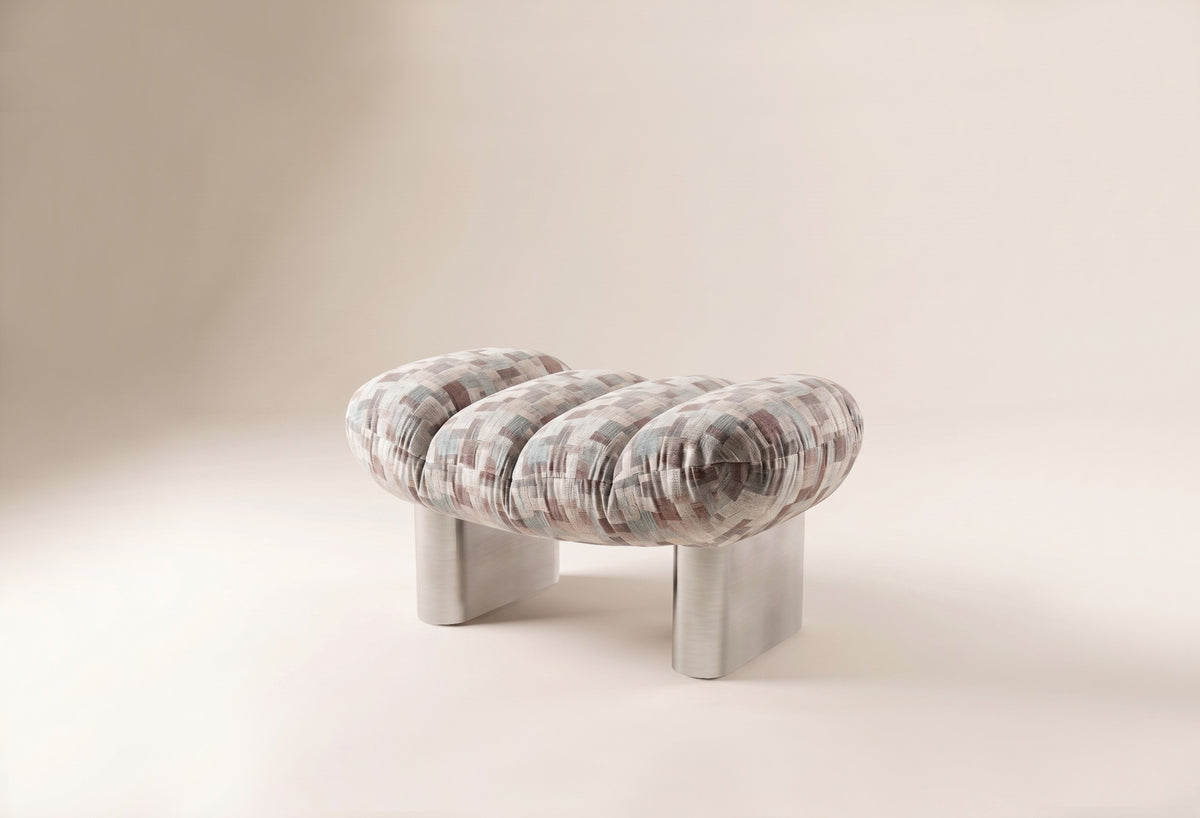 Colin Footstool in Zimmer Puzzle fabric with satin nickel feet by Maison Burgos