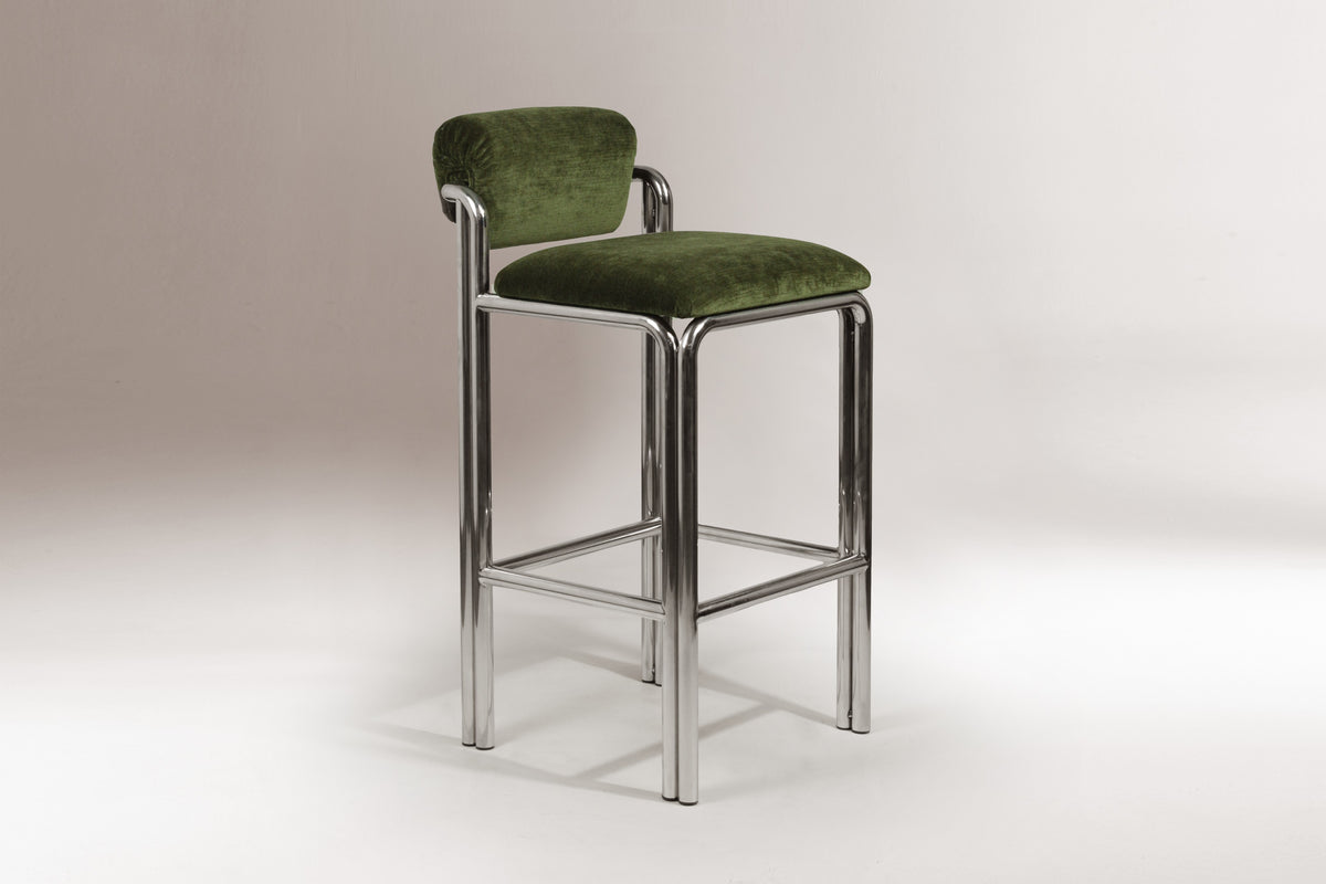 Cubu Bar Chair in polished nickel and green velvet by Maison Burgos