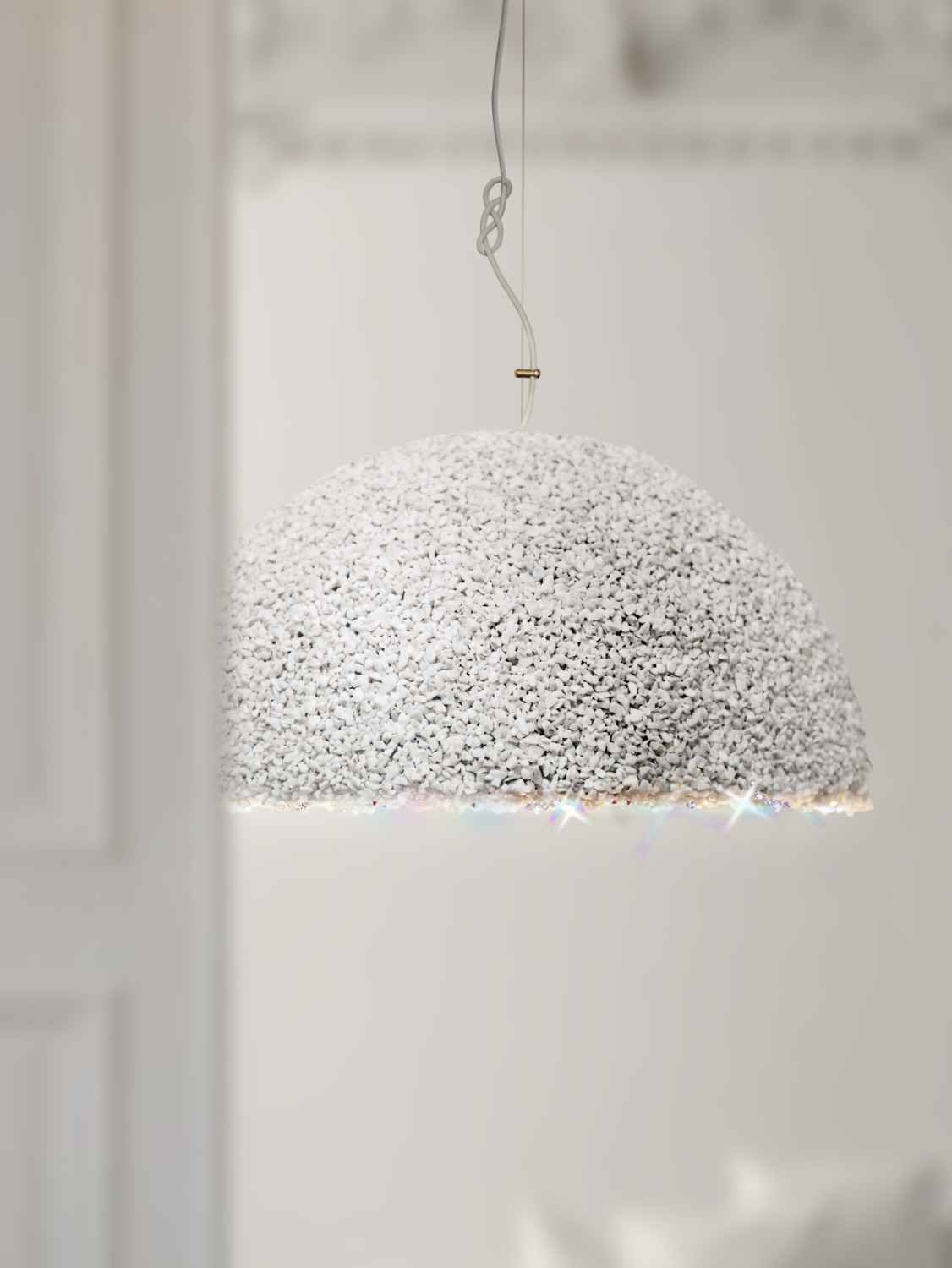 Mammalampa Duchess Pendant Light White - Medium, white crystal-covered dome hanging from a cord