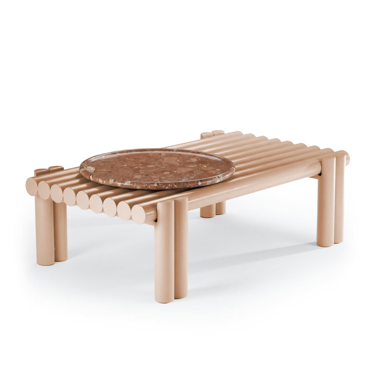 Duna Outdoor Centre Table with tubular blush frame and round brown marble board