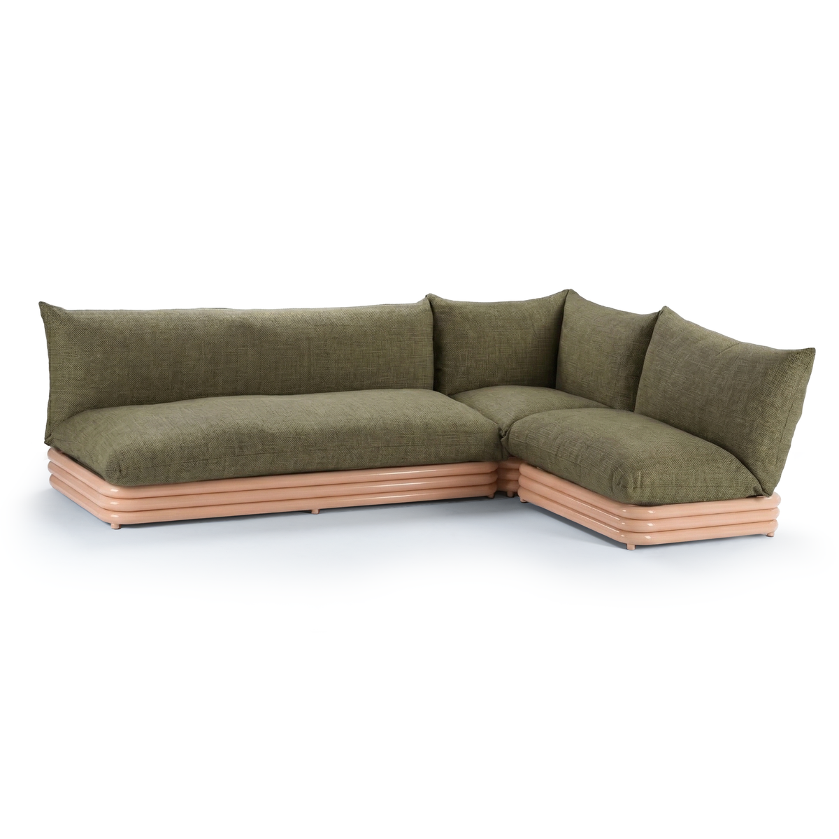 Duna Outdoor Corner Sofa - Small with olive cushions on a terracotta slatted base