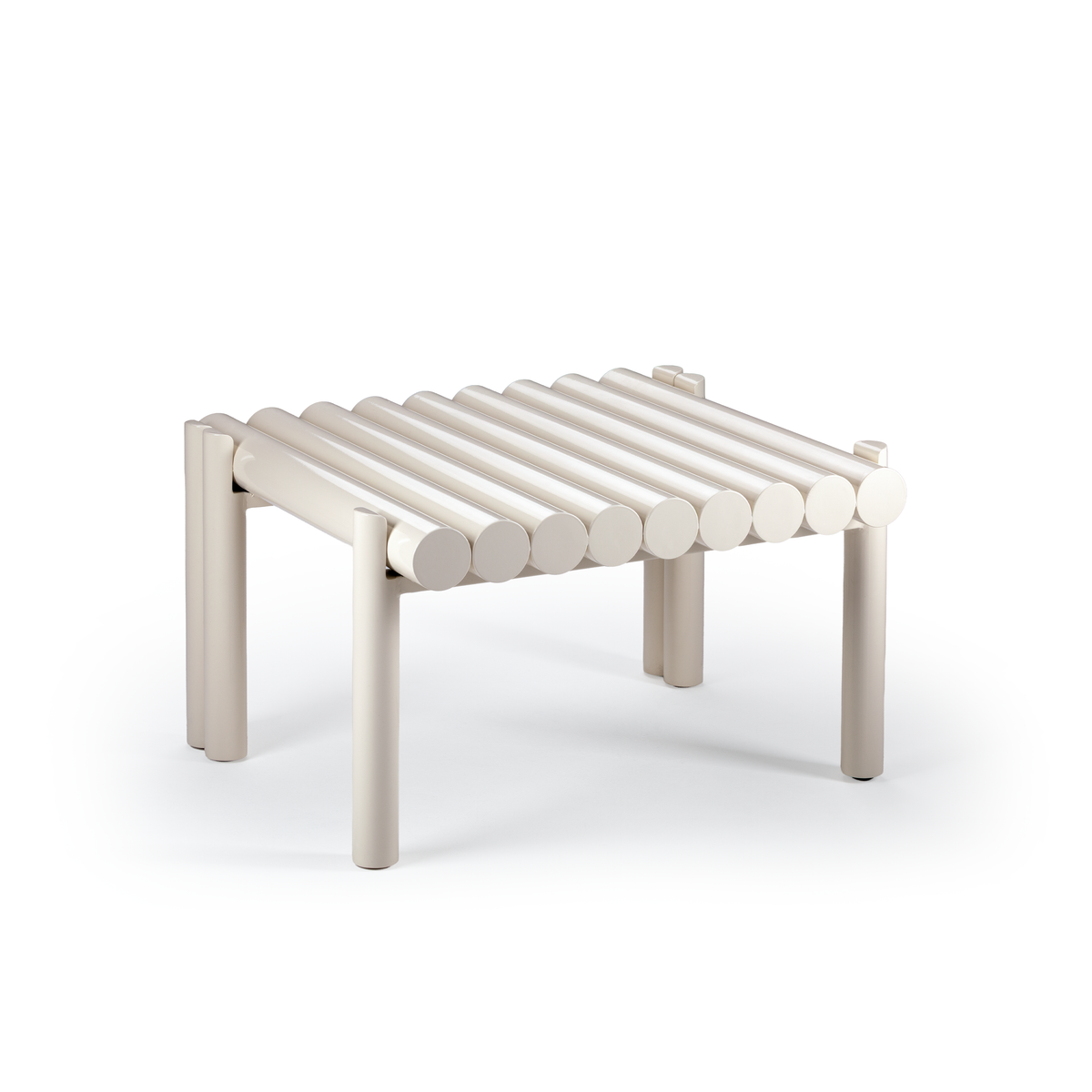 Duna Outdoor Side Table in Ivory with tubular slatted top, three-quarter view