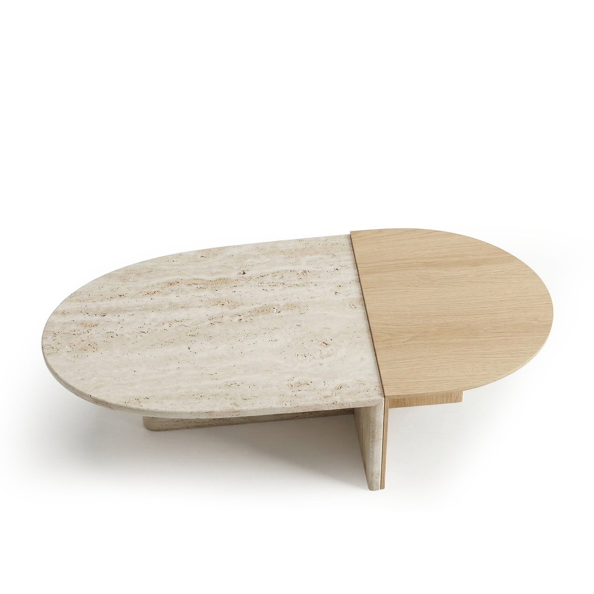 Duplex Coffee Table in Travertine and light oak, rounded end view