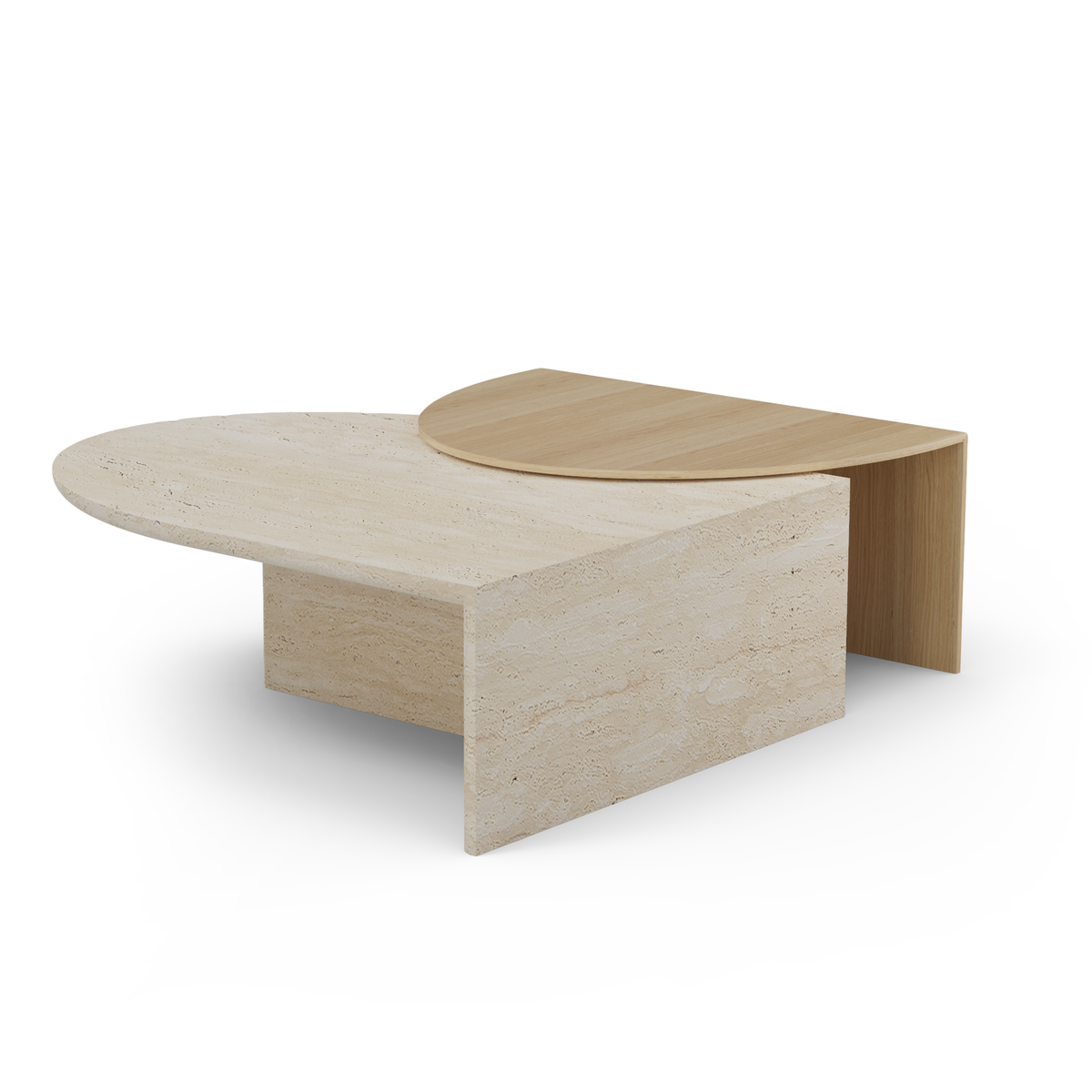 Duplex Coffee Table in Travertine and oak, three-quarter view showing the stepped tops