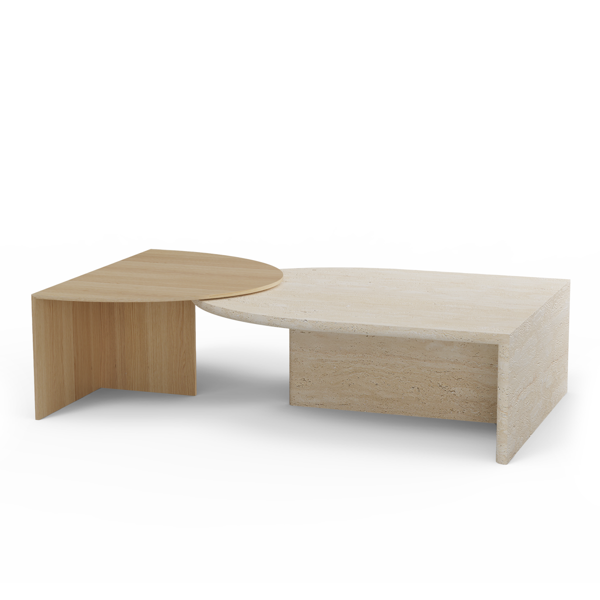 Duplex Coffee Table in Travertine with Natural Wood block base, side angle