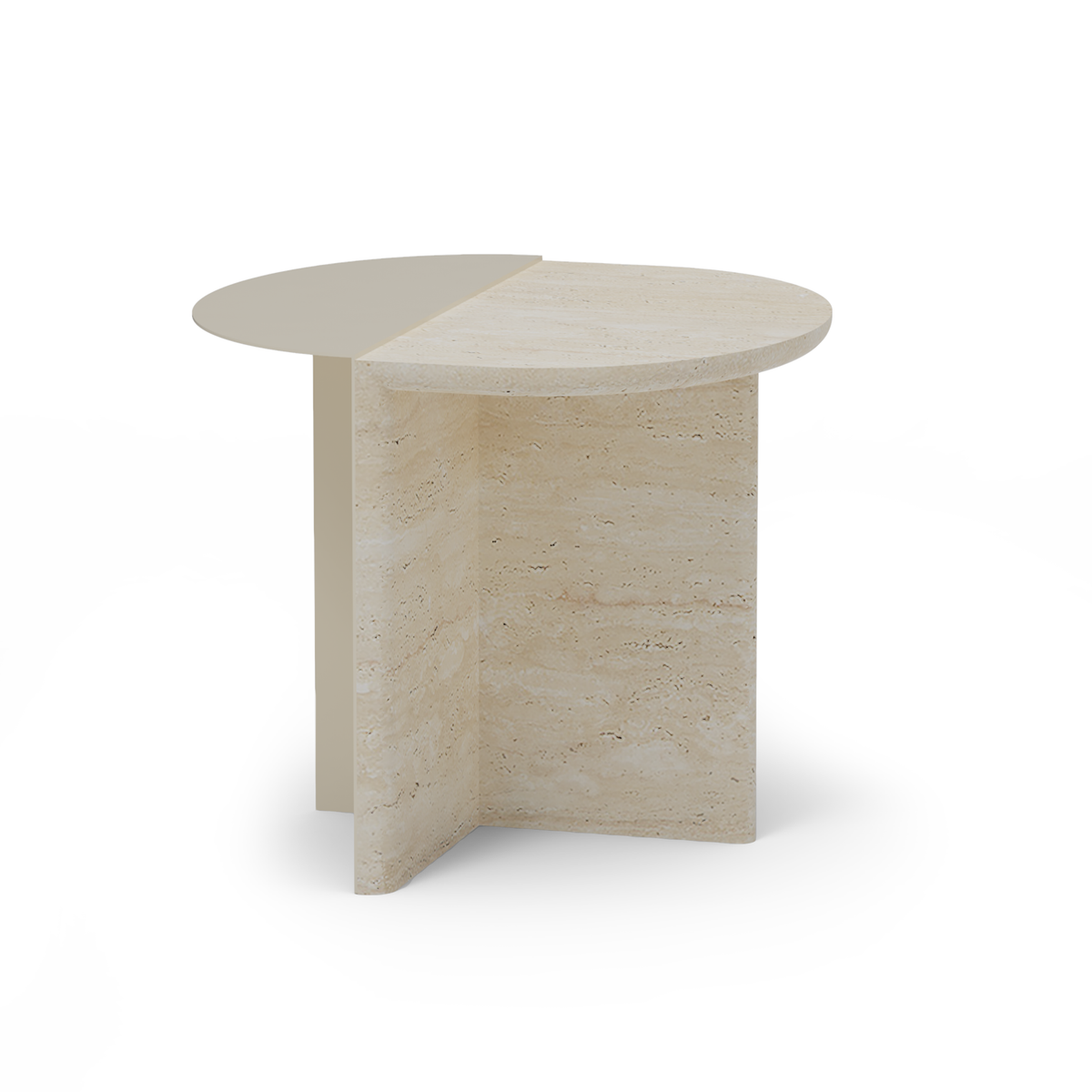 Duplex Side Table in Travertine with ivory Lacquered Wood half, three-quarter view