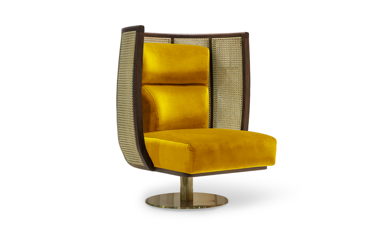 Egoista Armchair in Fine - Dijon yellow with cane back and Polished Brass base