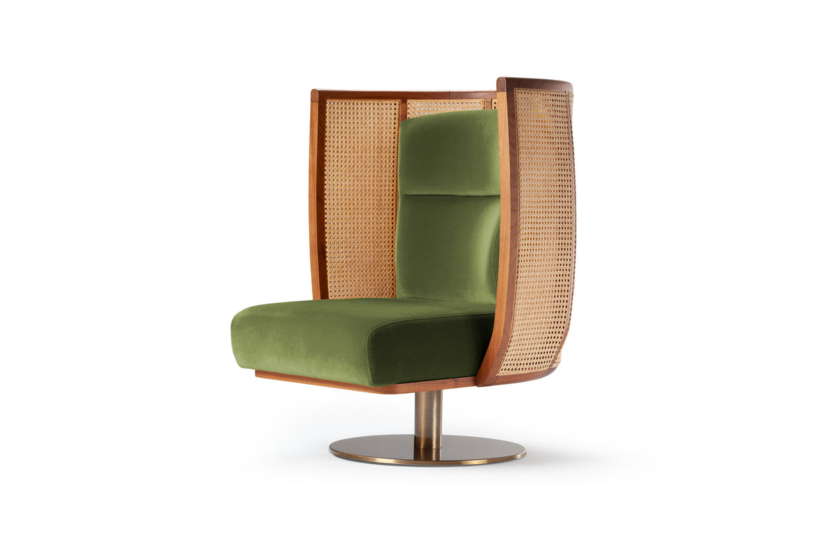 Egoista Armchair in green velvet with cane wings, three-quarter view on white
