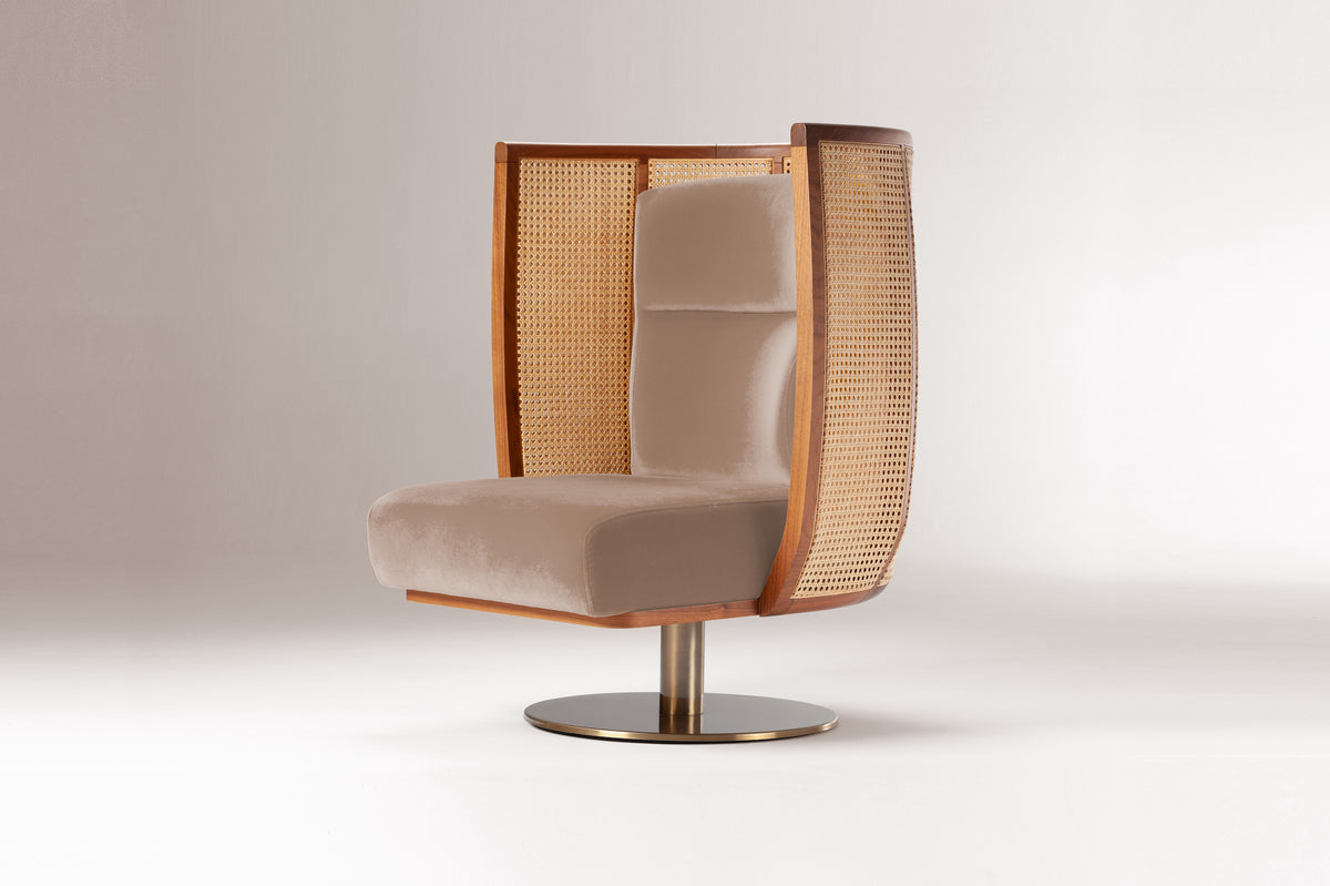 Egoista Armchair in taupe velvet on a soft grey backdrop