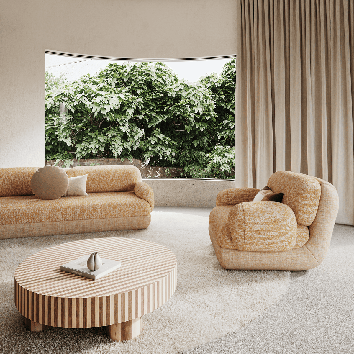 Nusa Coffee Table oval version in a sunlit lounge with bouclé seating