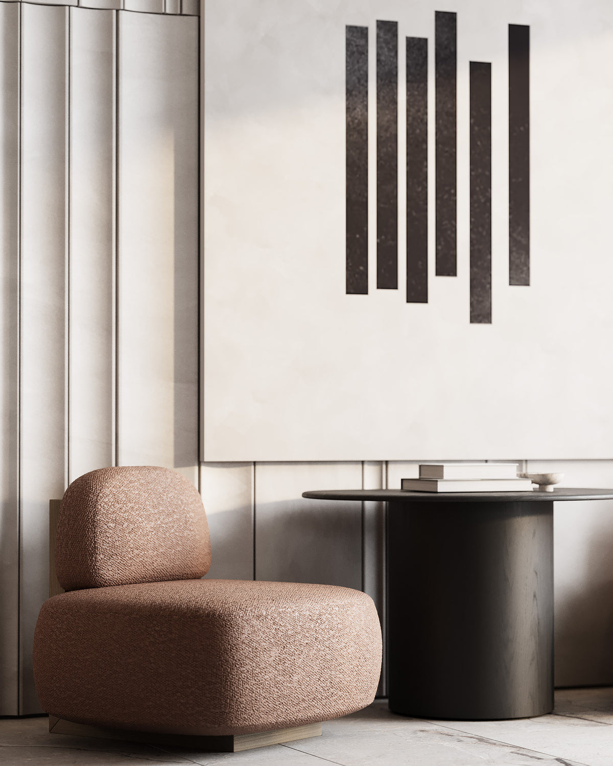 Yoshida Lounge Chair in rust boucle beside a dark round pedestal table