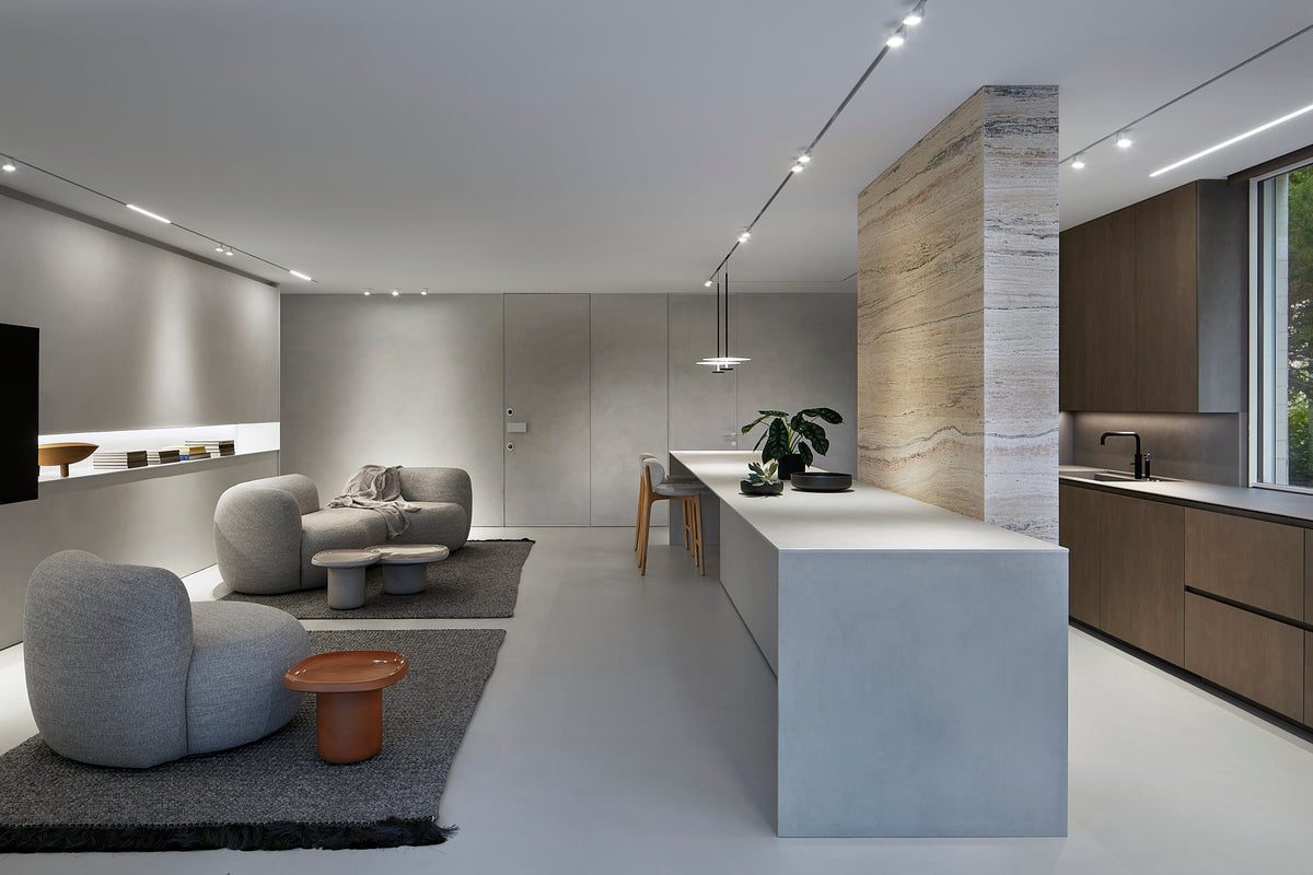 Tateyama Cloud Sofa in grey bouclé in an open-plan room with kitchen island