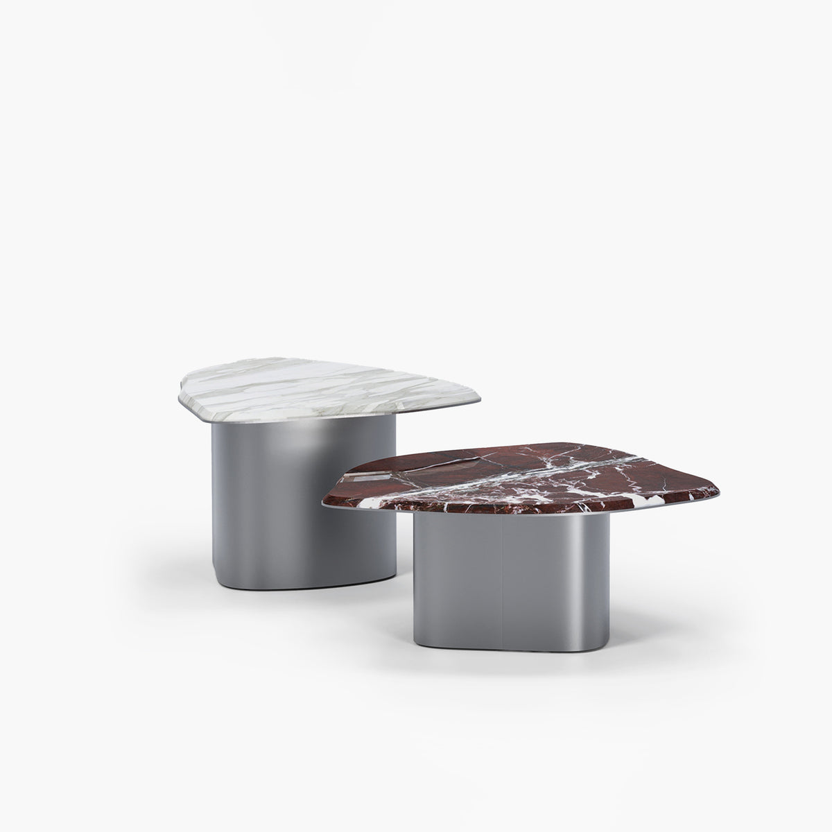 Fragment Coffee Tables pair in white and red marble on grey metal bases