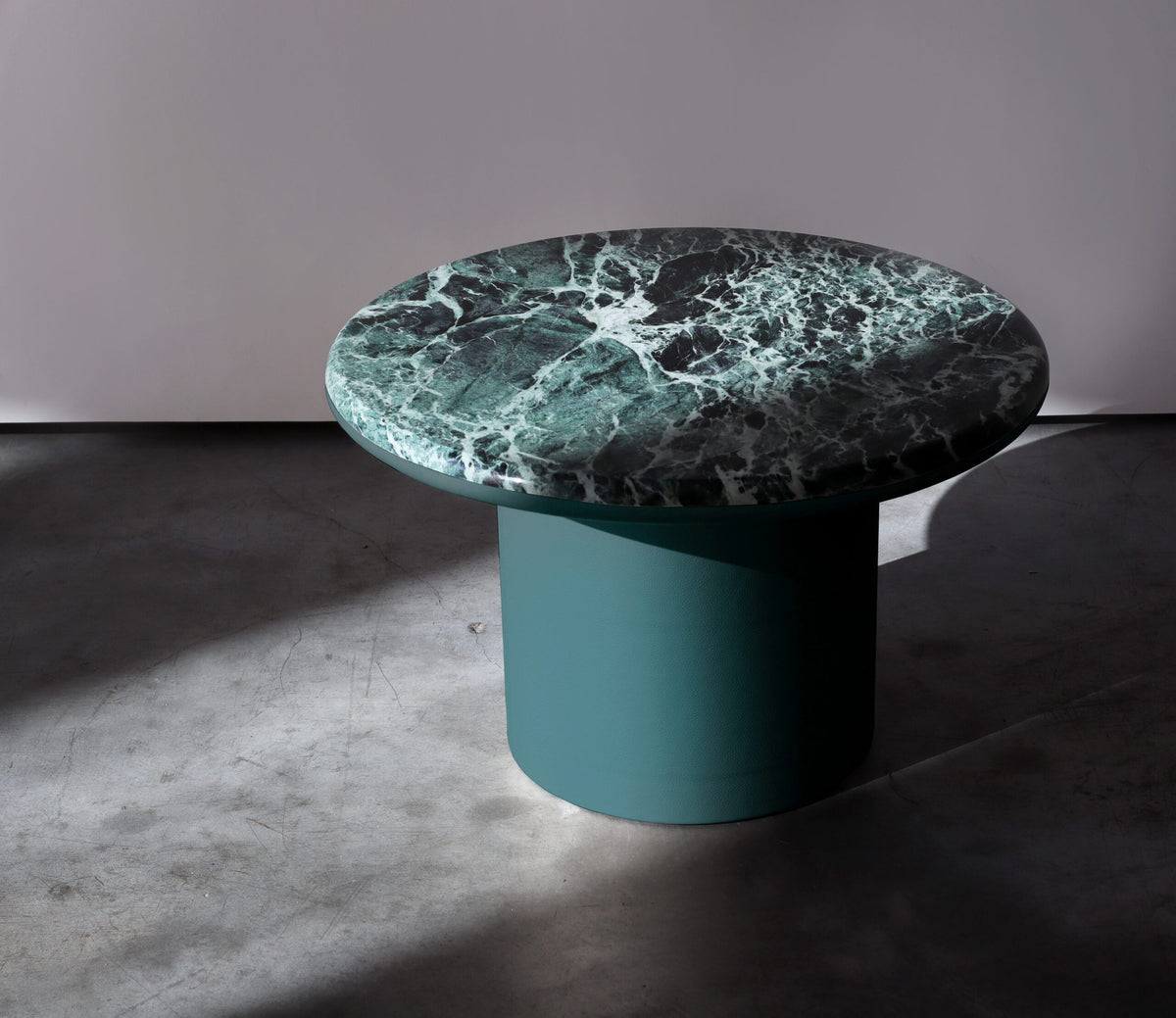 Gemini Round Side Tables in green marble on a teal base