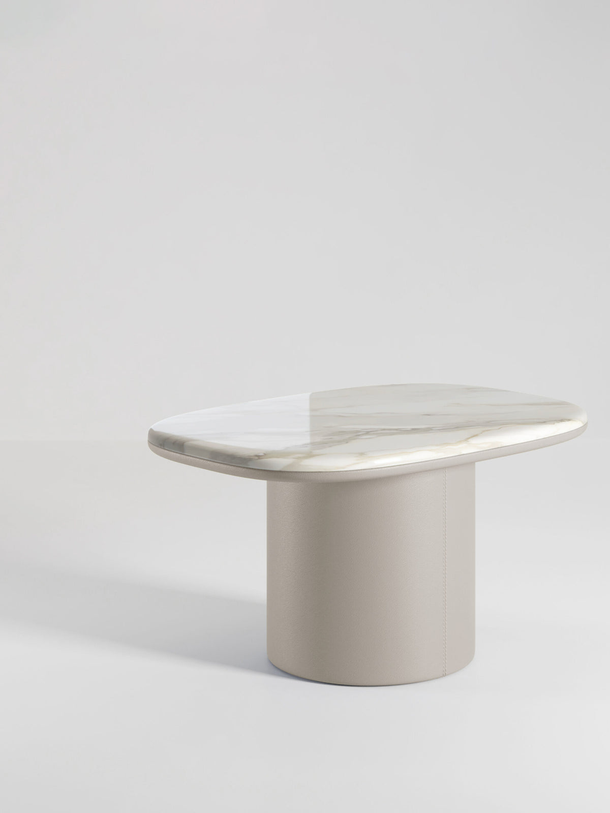 Gemini Soft Hex Side Tables larger table in white marble on a taupe base