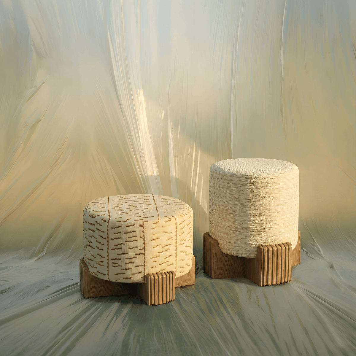 Twin Ottoman pair in cream textured fabric on wooden bases