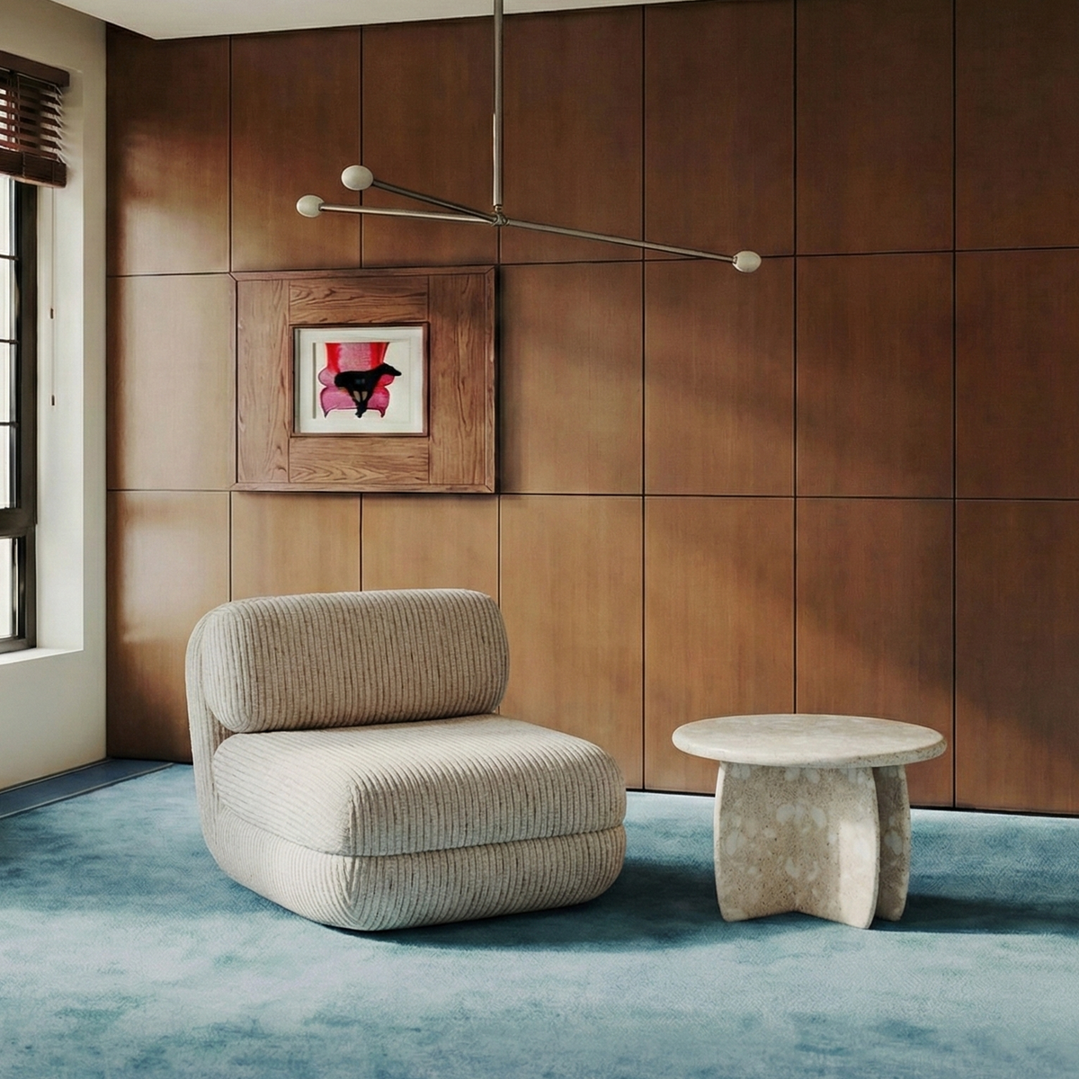 Mood Lounge Chair in beige weave with a stone side table in a wood-panelled room