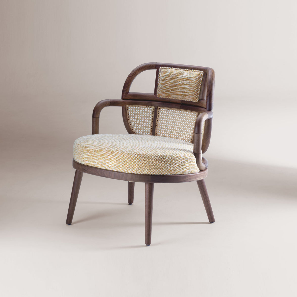 Havana Armchair in cream bouclé with cane back and walnut-tone frame