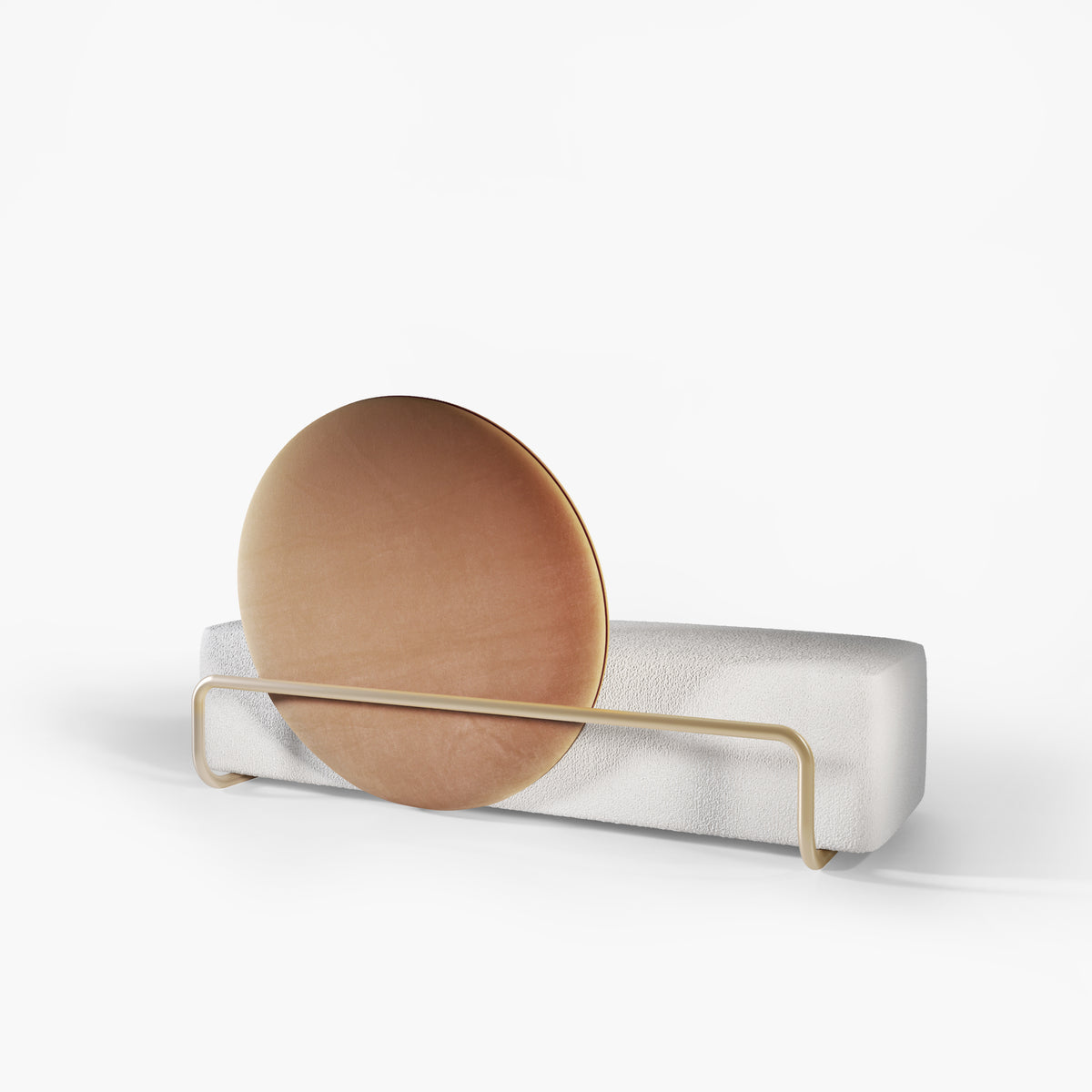 Horizon Sofa, three-quarter view of disc backrest and brass rail frame