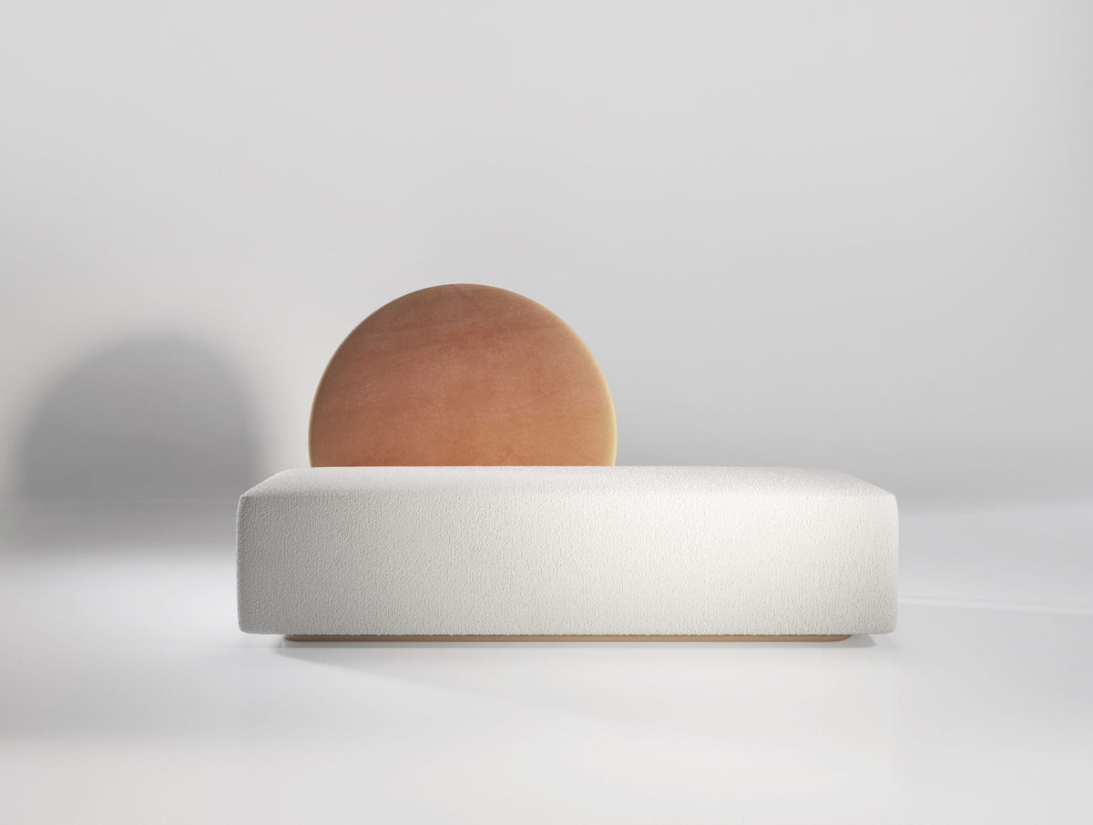 Horizon Sofa, studio front view of terracotta disc and ivory seat