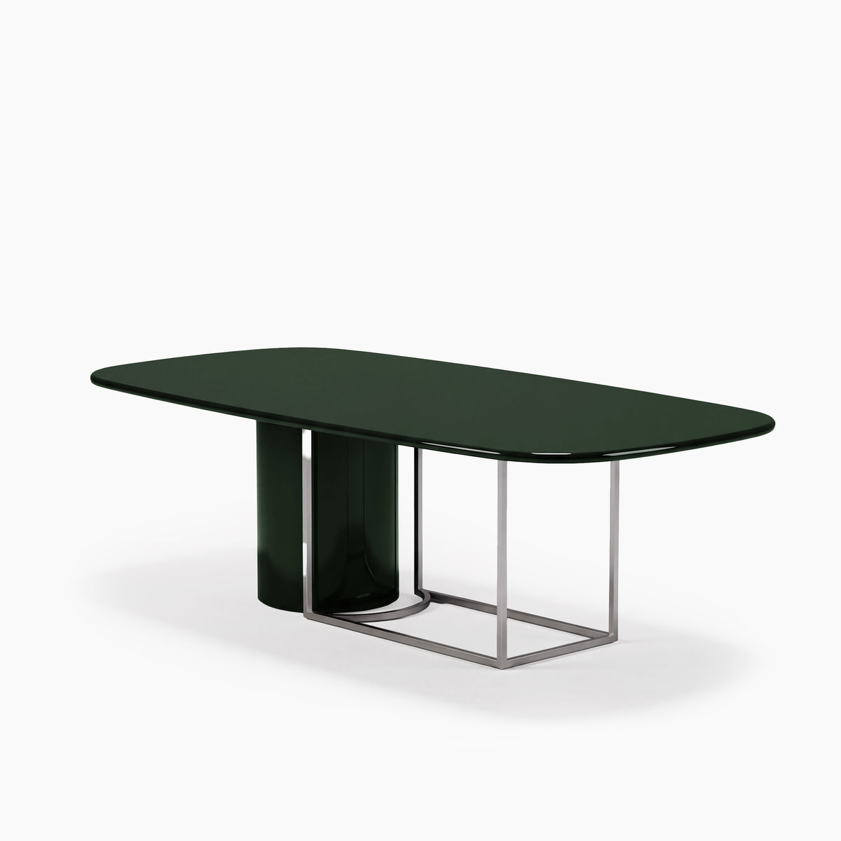 Horus Dining Table in dark green gloss lacquer with Satin Aluminium frame, three-quarter view