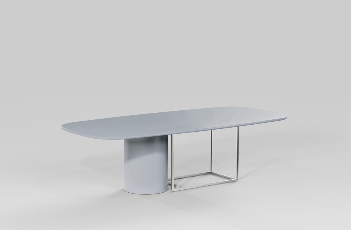 Horus Dining Table in pale blue-grey lacquer with silver-tone frame on grey