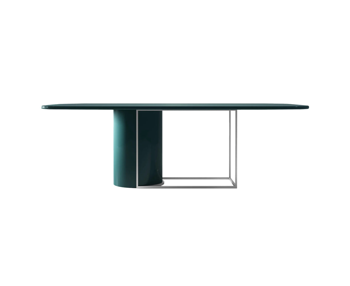 Horus Dining Table with teal lacquer and Satin Aluminium frame, front view