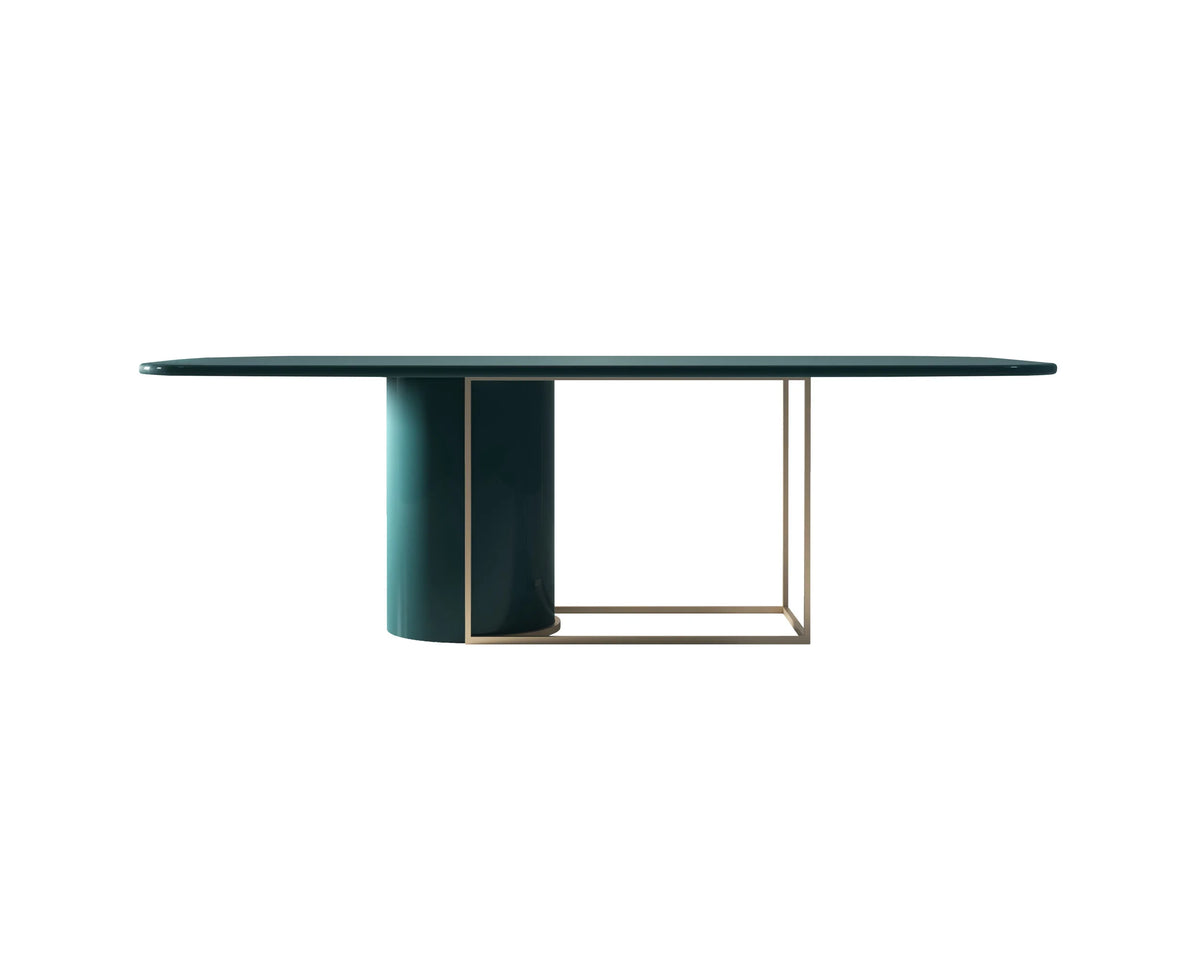 Horus Dining Table with teal lacquer and Satin Brass frame, front view