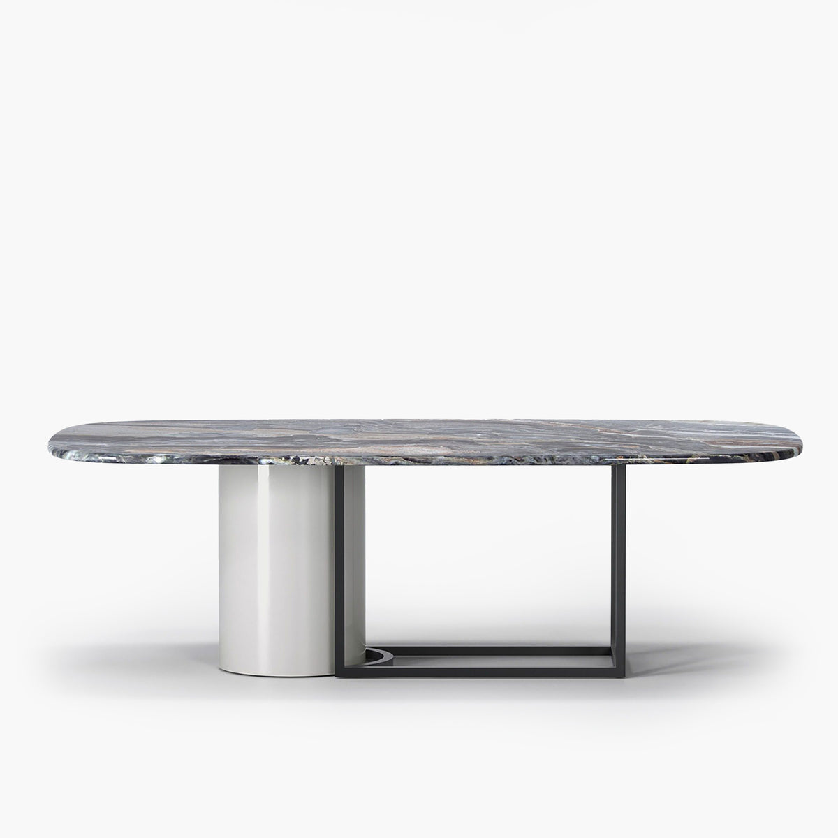 Horus Marble Dining Table with grey veined marble top, front view on white