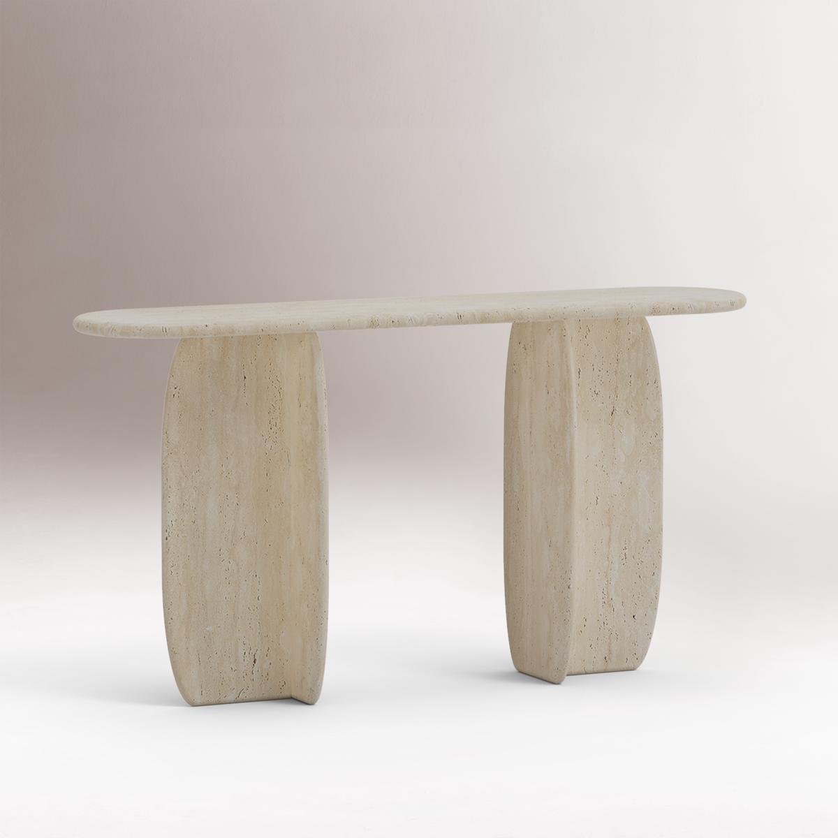 Catus Marble Console Table in Travertine, three-quarter studio view