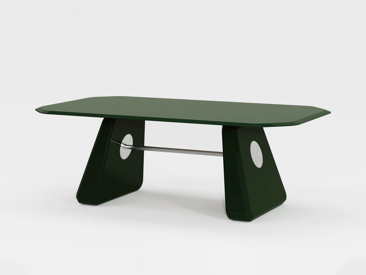 Inge Dining Table in green lacquer, three-quarter view