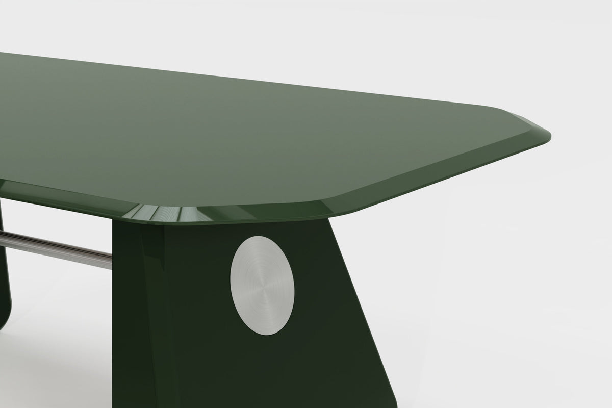 Inge Dining Table in green lacquer, close-up of the beveled top and leg disc