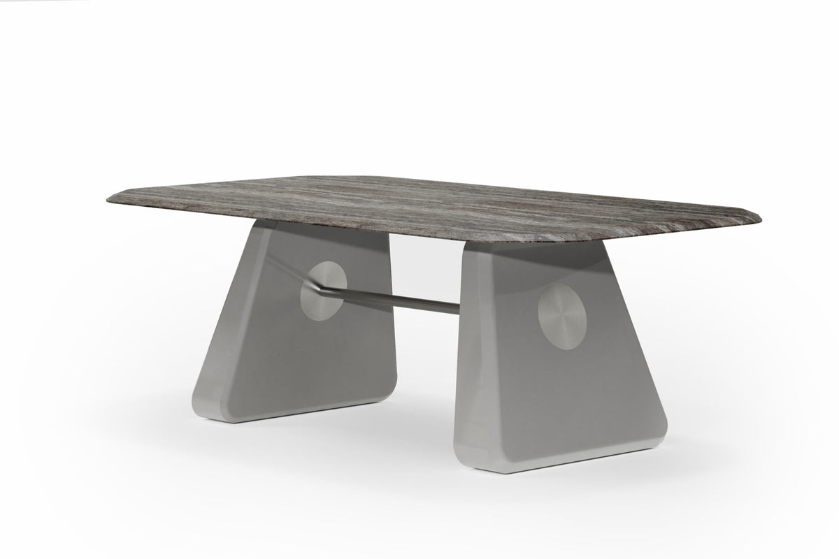 Inge Marble Dining Table with grey marble top and grey legs, elevated three-quarter view