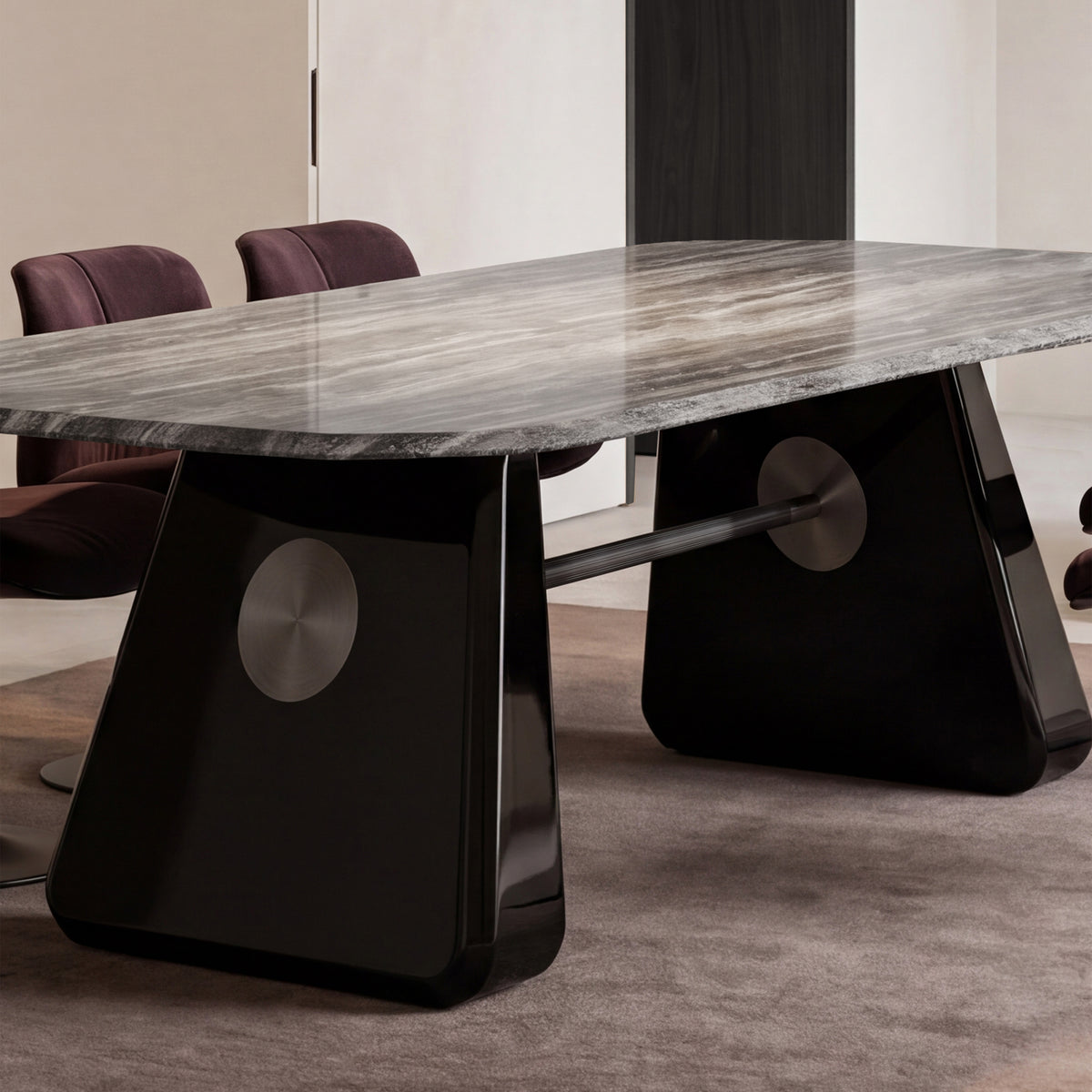 Inge Marble Dining Table with veined marble top and black lacquered base with burgundy chairs