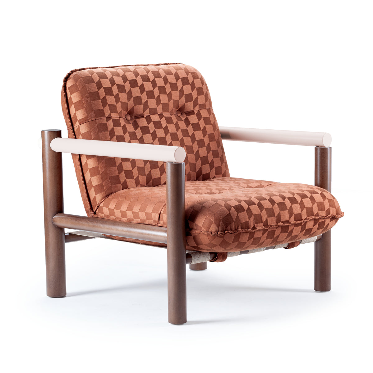James Armchair in rust checkerboard weave with dark beech frame
